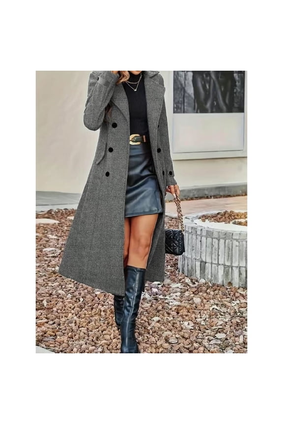 Women's Solid Double Button Lapel Woolen Coat, Elegant Long Sleeve Long Coat for Women, Women's Clothing for Autumn & Winte