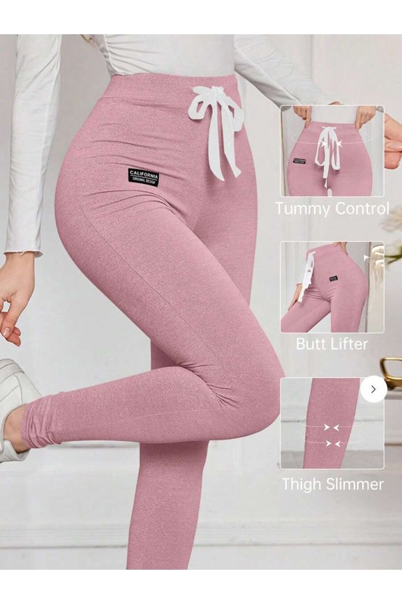 Women's Solid Drawstring Waist Letter Print High Stretch Butt Lift Leggings