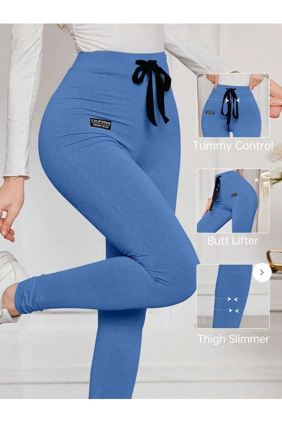 Women's Solid Drawstring Waist Letter Print High Stretch Butt Lift Leggings