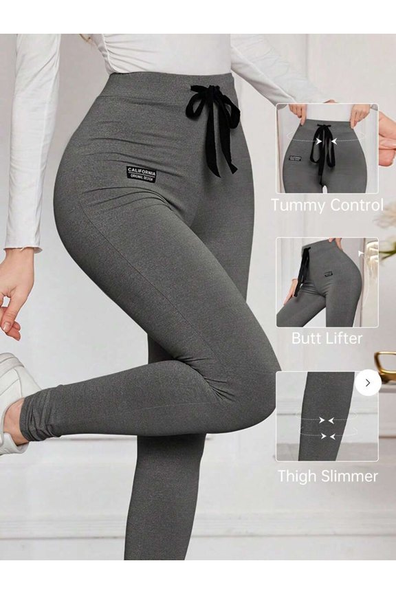 Women's Solid Drawstring Waist Letter Print High Stretch Butt Lift Leggings