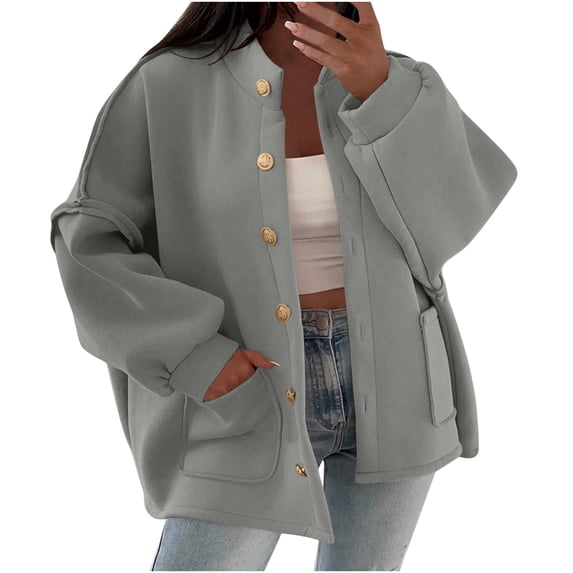 Women's Solid Drop Shoulder Sleeve Long Sleeved Stand Collar Loose Casual Button Jacket With Pockets