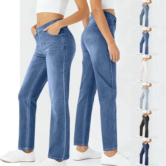 Women's Solid Elastic Waist Pants with Pockets, Mid Rise Stretchy Casual Trousers, Loose Straight Leg Flowy Pants for Work, Office, Daily Wear, Lounge Pants | VerBelle,Dark Blue M