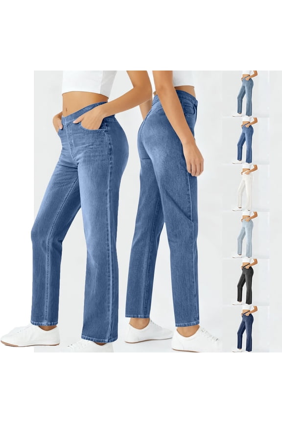 Women's Solid Elastic Waist Pants with Pockets, Mid Rise Stretchy Casual Trousers, Loose Straight Leg Flowy Pants for Work, Office, Daily Wear, Lounge Pants | VerBelle,Dark Blue 2XL
