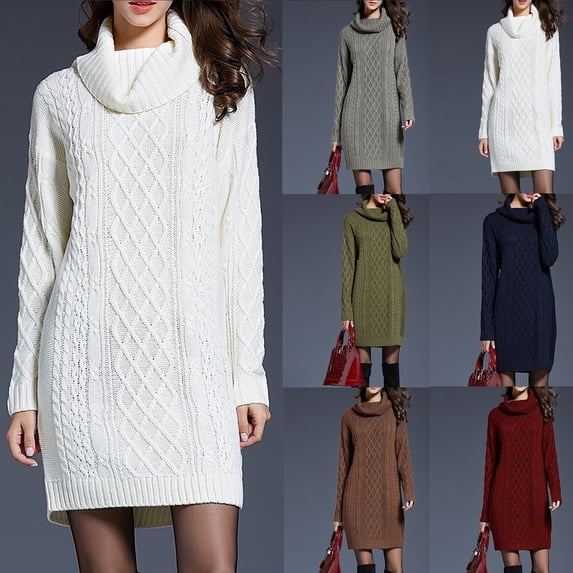 Women's Solid Elegant Stretchy Long Sleeve Turtleneck Sweatshirt Short Dress, Fall and Winter Casual Wear with Comfortable Fit, Versatile for Daily Use,Brown,XL