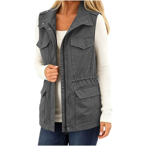 Women's Solid Fall Winter Utility Vest, Drawstring Waist Sleeveless Jacket, Cargo Vest with Multi Pockets for Outdoor Daily Casual Outfits Gray M(M)