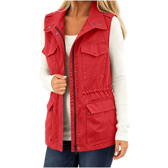 Women's Solid Fall Winter Utility Vest, Drawstring Waist Sleeveless Jacket, Cargo Vest with Multi Pockets for Outdoor Daily Casual Outfits Red S(S)