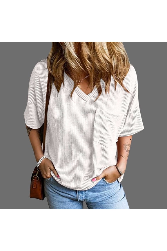 Women's Solid Fashion Short Sleeve Shirts, Oversized Knitted Sexy V-Neck Blouse, Loose Casual Top, Lightweight and Comfortable, Perfect for Daily Wear, Weekend Outfits