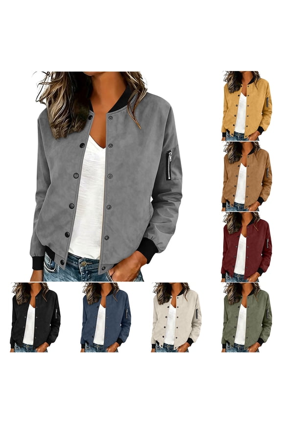 Women's Solid Faux Suede Bomber Jacket, Rib Trim Collar Cuff Button Front Long Sleeve Lined Coat with Pockets Gray XL(XL)