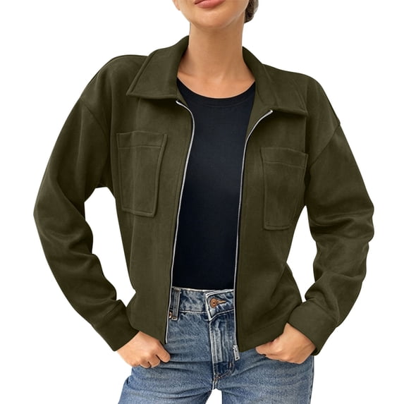 Women's Solid Faux Suede Cropped Jacket, Lapel Zip Up Long Sleeve Coat with Pockets, Lined Vintage Casual Outerwear Green-A S(S)