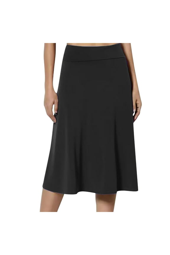 Women's Solid Flared Lightweight Elastic Waist Classic Midi Skirt