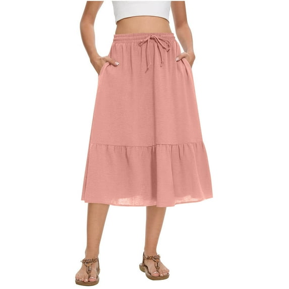 Women's Solid Flared Skirts Lightweight Elastic Waist Classic Midi Skirt