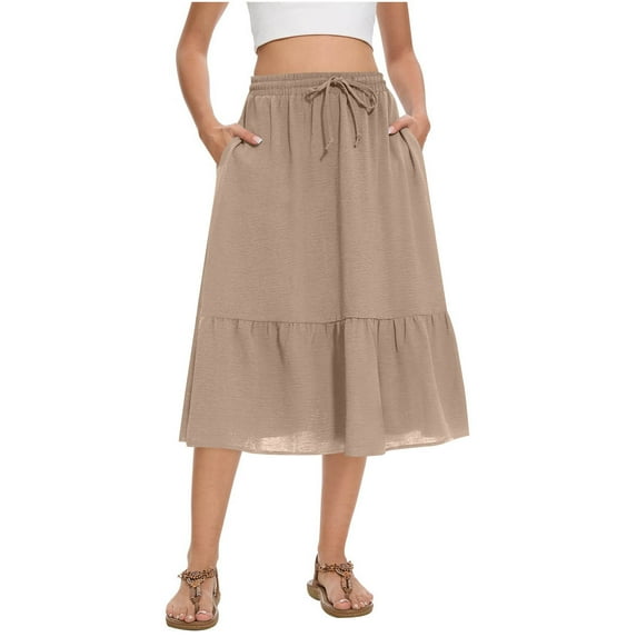 Women's Solid Flared Skirts Lightweight Elastic Waist Classic Midi Skirt