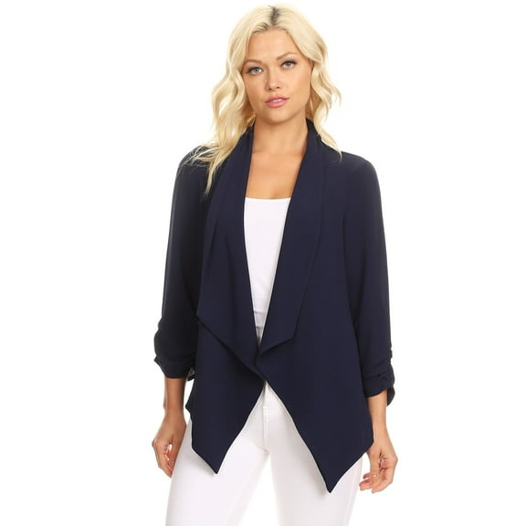 Women's Solid Floral Print Loose Fit 3/4 Sleeve Open Front Cardigan Blazer Jacket