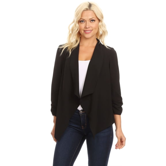 Women's Solid Floral Print Loose Fit 3/4 Sleeve Open Front Cardigan Blazer Jacket