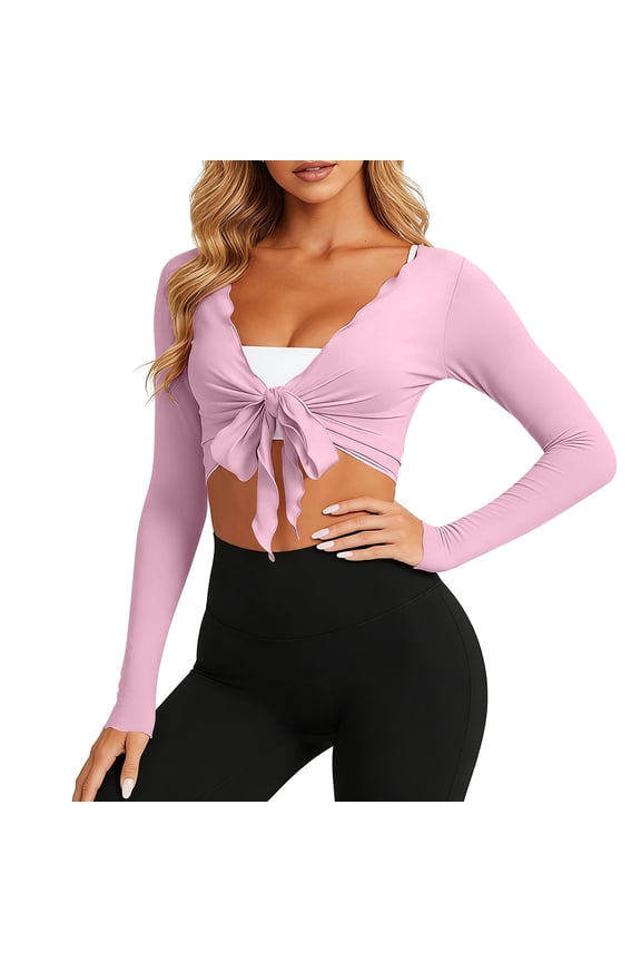 Women's Solid Front Wrap Top Cardigan Long Sleeve Crop Yoga Cover Up Comfortable Tops Shirts Blouses for Pilates Studio Casual Daily Wear Loungewear Cozy Streetwear | CSEONE,Pink XL