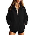 thumbnail image 1 of Women's Solid Full Zip High Collar Sweatshirt Long Sleeve Loose Casual Zip up Jacket with Pockets Lightweight Hoodless Outerwear Tops Black, 1 of 6