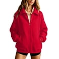 thumbnail image 1 of Women's Solid Full Zip High Collar Sweatshirt Long Sleeve Loose Casual Zip up Jacket with Pockets Lightweight Hoodless Outerwear Tops Red, 1 of 6