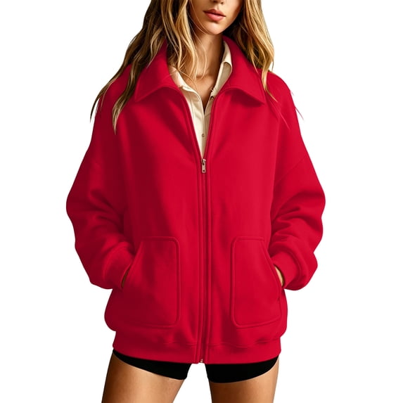 Women's Solid Full Zip High Collar Sweatshirt Long Sleeve Loose Casual Zip up Jacket with Pockets Lightweight Hoodless Outerwear Tops Red
