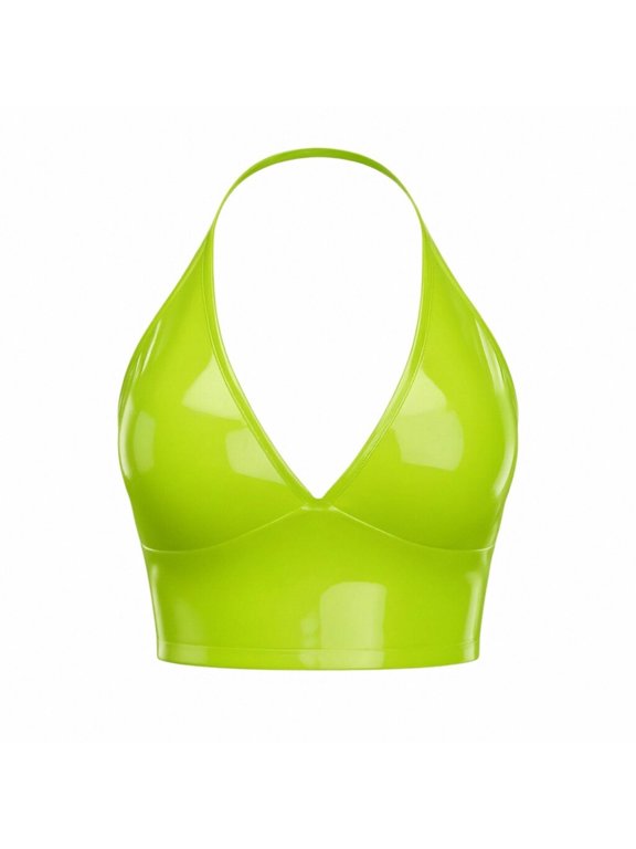 Women's Solid Glossy Faux Leather Halter Deep V Neck Crop Bustier Top Strappy Back Fashion Tube Top for Evening Wear Yellow XXL(XXL)