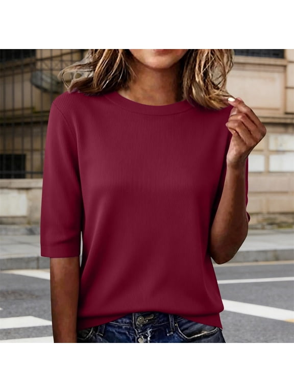 Women's Solid Half Sleeve Blouse - Elbow Length Casual Lightweight Shirt, Summer Breathable Soft Top