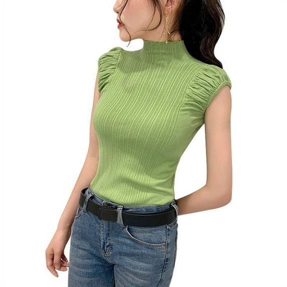 Women's Solid Half Turtleneck Casual Knitted Sleeveless T-Shirt Crop Top,Green