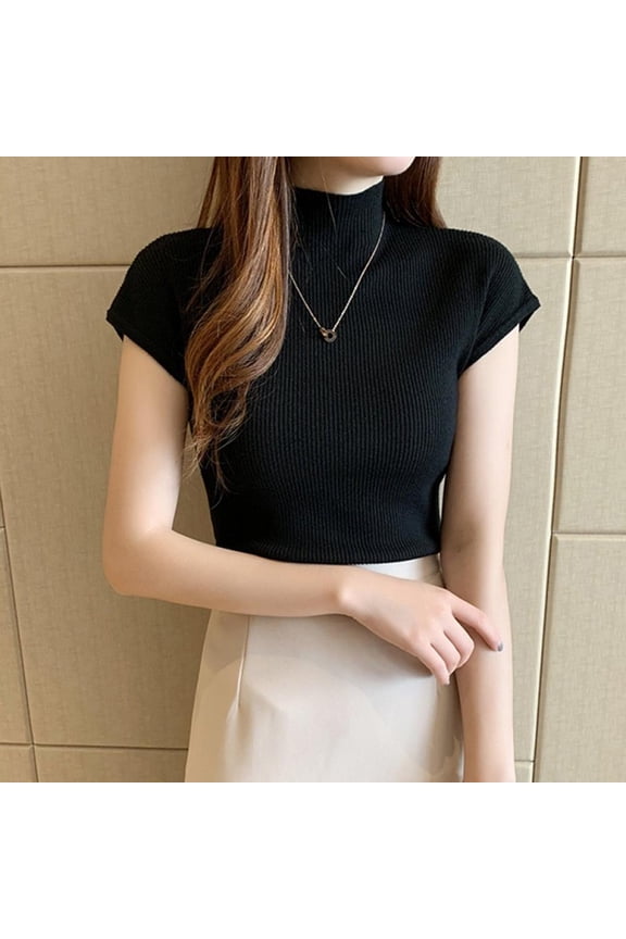 Women's Solid Half Turtleneck Fashion Slim Knitted Short Sleeve T-Shirt