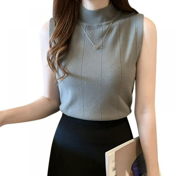 Women's Solid Half Turtleneck Fashion Slim Knitted Sleeveless Pullover Crop Tank Top T-Shirt