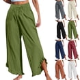 thumbnail image 1 of Women's Solid High Waist Elastic Ruffled Casual Long Pants, Soft Stretchy Side Slit Flowy Wide Leg Trousers, Comfy Daily Wear Work Beach | TruBelle,Beige L, 1 of 4