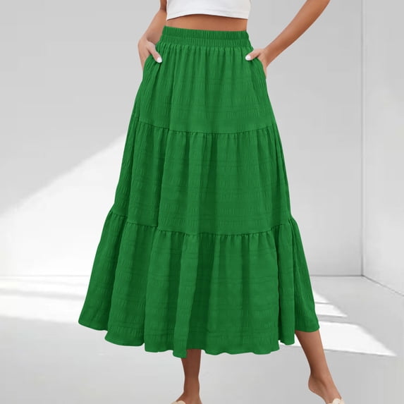 Women's Solid High Waist Flowing Long Skirt with Pockets Casual Half Skirt