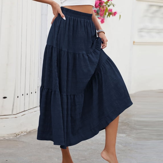 Women's Solid High Waist Flowing Long Skirt with Pockets Casual Half Skirt