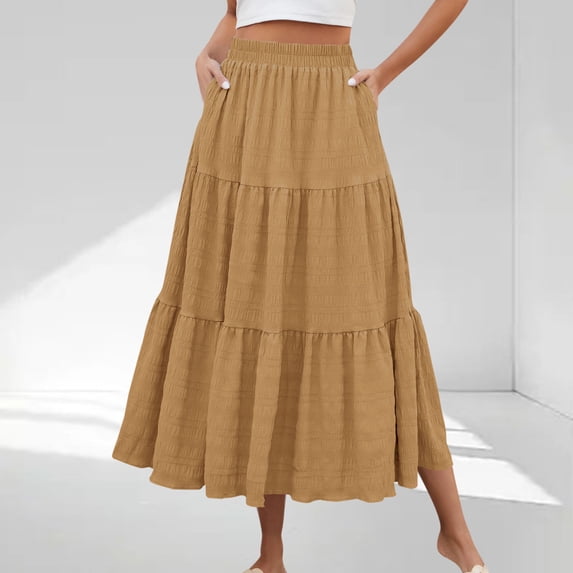 Women's Solid High Waist Flowing Long Skirt with Pockets Casual Half Skirt