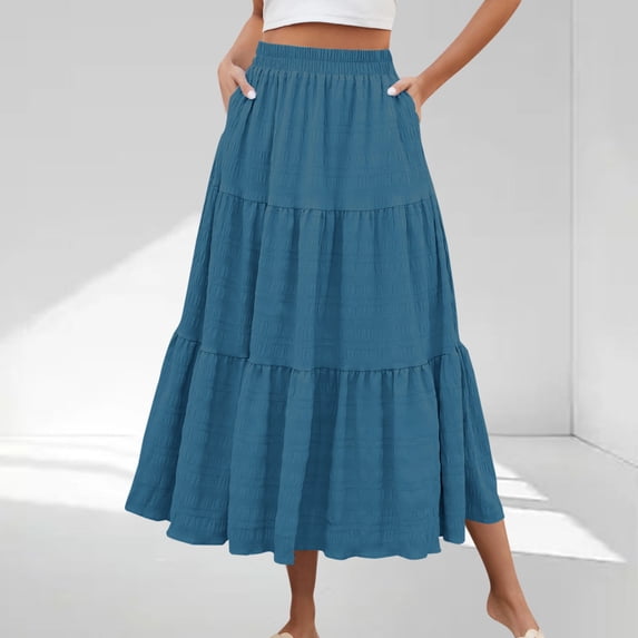 Women's Solid High Waist Flowing Long Skirt with Pockets Casual Half Skirt