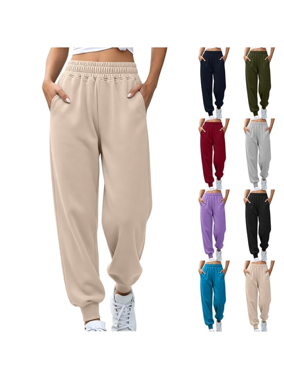 Women's Solid High Waist Wide Leg Sweatpants with Deep Side Pockets, Elastic Ribbed Cuff Breathable Long Casual Pants for Errands Travel Light | TruHer,Beige L