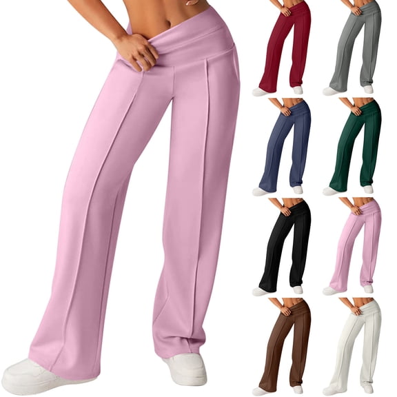 Women's Solid High Waisted Straight Leg Yoga Pants With Pockets, Soft Polyester Blend Fabric, Tummy Control Pull On Style, 4 Way Stretch, For Workout, Running, Lounge, Casual