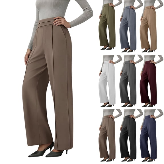 Women's Solid High Waisted Straight Leg Yoga Pants With Pockets, Soft Polyester Blend Fabric, Tummy Control Pull On Style, 4 Way Stretch, For Workout, Running, Lounge, Casual