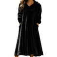 thumbnail image 1 of Women's Solid Hooded Drawstring Fleece Long Nightgown Long Sleeve Side Pocket Fluffy Warm Casual Home Lounging Sleep Dress Black, 1 of 5
