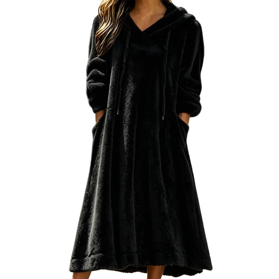 Women's Solid Hooded Drawstring Fleece Long Nightgown Long Sleeve Side Pocket Fluffy Warm Casual Home Lounging Sleep Dress Black