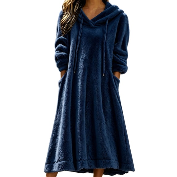 Women's Solid Hooded Drawstring Fleece Long Nightgown Long Sleeve Side Pocket Fluffy Warm Casual Home Lounging Sleep Dress Navy