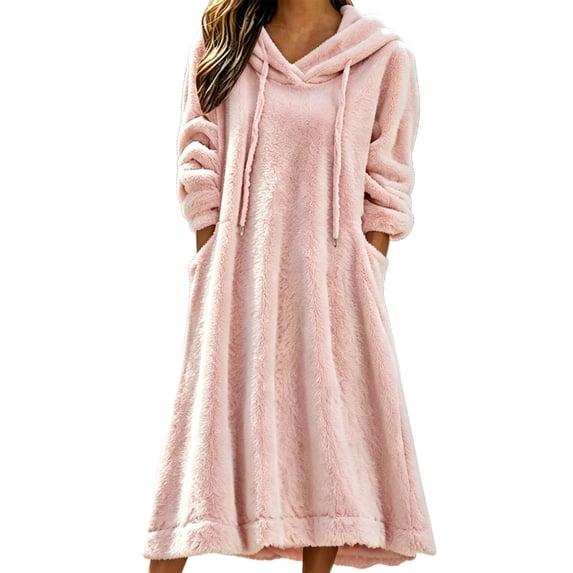 Women's Solid Hooded Drawstring Fleece Long Nightgown Long Sleeve Side Pocket Fluffy Warm Casual Home Lounging Sleep Dress Pink