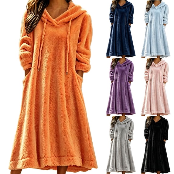 Women's Solid Hooded Drawstring Fleece Long Nightgown Long Sleeve Side Pocket Fluffy Warm Casual Home Lounging Sleep Dress Purple