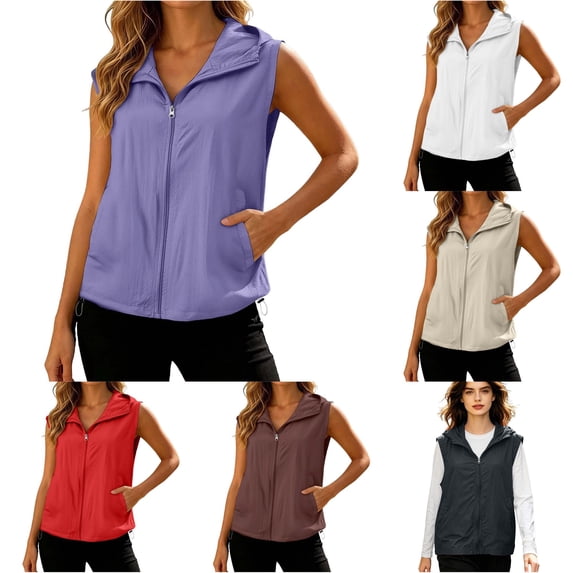 Women's Solid Hooded Sun Vest, Lightweight Loose Fit Sleeveless Outdoor Jacket Cover Up
