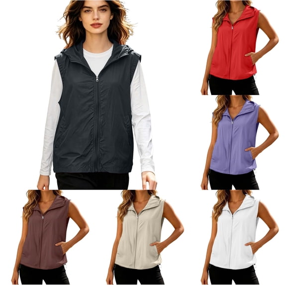 Women's Solid Hooded Sun Vest, Lightweight Loose Fit Sleeveless Outdoor Jacket Cover Up