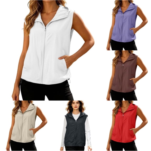 Women's Solid Hooded Sun Vest, Lightweight Loose Fit Sleeveless Outdoor Jacket Cover Up