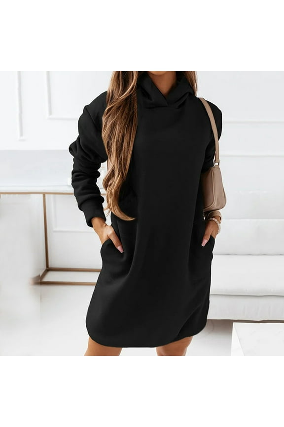 Women's Solid Hooded Sweater Dress Long Sleeve Autumn Winter Casual Pullover Hoodie Tunic Top
