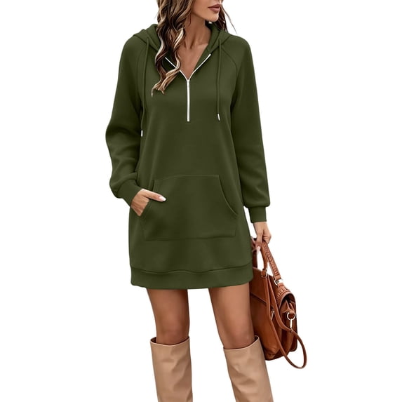 Women's Solid Hooded Sweatshirt Dress, Winter Half Zip Long Sleeve Casual Mini Dress with Front Kangaroo Pocket