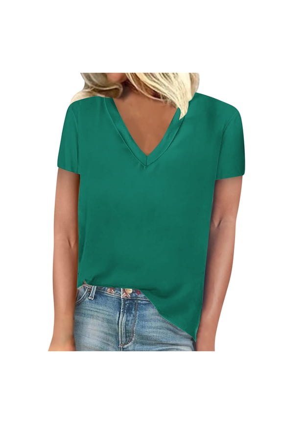 Women's Solid Hue V-Neck Short Sleeve T-Shirt Blouse Casual Tops Tee Shirt Knit Clothing Wear Garment Outfit Stylish Chic Modern Contemporary Design Classic Apparel