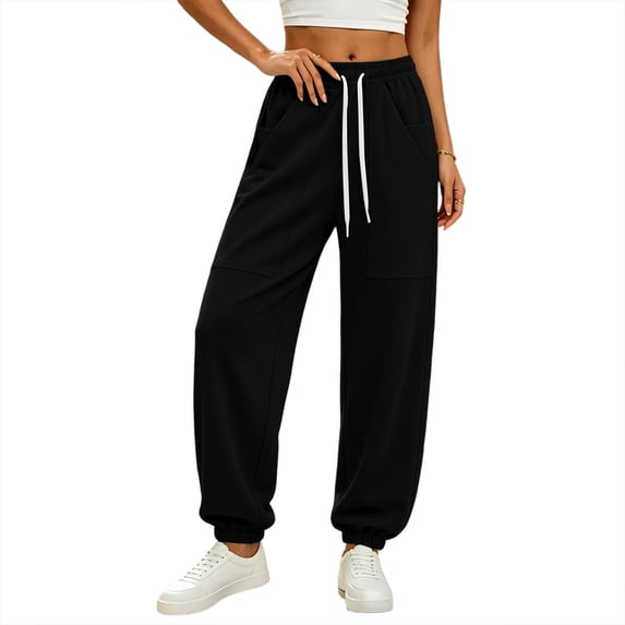 Women's Solid Jogger Pants Elastic Waist Adjustable Drawstring Loose Athletic Long Trousers with Pockets, Soft Casual Sport Bottoms for Workout, Daily Walking and Loungewear Black