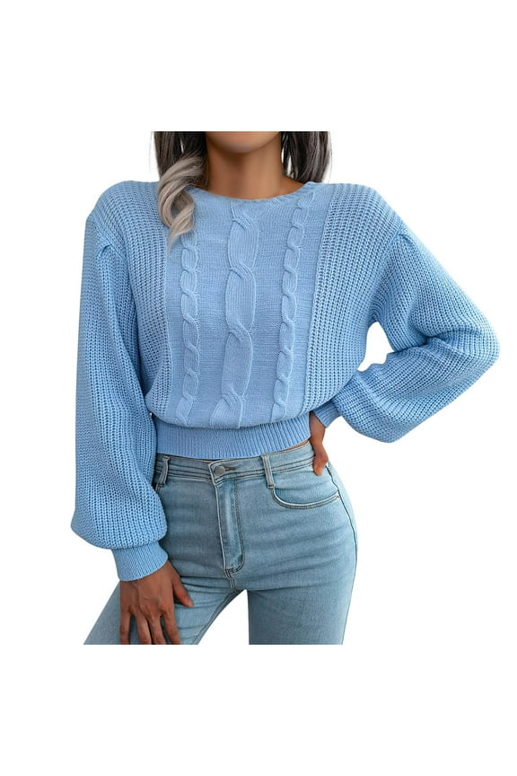 Women's Solid Knit Cable Sweater Casual Long Sleeve Pullover Crew Neck Knitted Tops