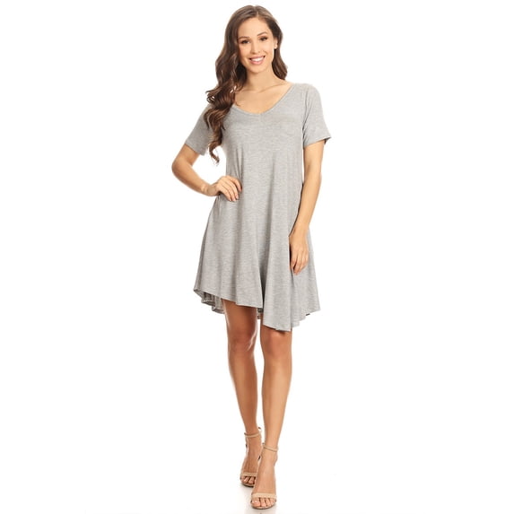 Women's Relaxed Fit Knit Short A-Line Dress with V-Neck and Asymmetrical Hem