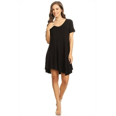 Women's Relaxed Fit Knit Short A-Line Dress with V-Neck and Asymmetrical Hem